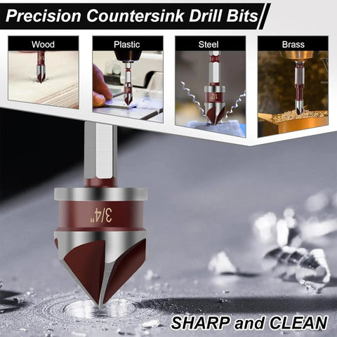 Five Piece Countersink Drill Bit Set With 82 Degree Tips And A One Quarter Inch Hex Shank For Wood Metal And Plastic in use