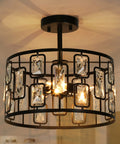 Crystal Semi Flush Mount Ceiling Light With 3 Lights, Black Modern Contemporary Drum Pendant Chandelier, lit in room view