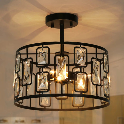 Crystal Semi Flush Mount Ceiling Light With 3 Lights, Black Modern Contemporary Drum Pendant Chandelier, lit in room view