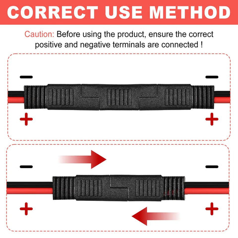 Instructions for using Beefy 2 Pack 2 Pin Quick Disconnect Polarized SAE Wire Harness, correct terminal connection shown.