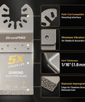 Heavy Duty Diamond Oscillating Saw Blades 4 Pack Crush Through Tile Grout And Mortar Clean Flush Cut Home Reno Workhorse Tool Built To Last Smooth Operation Every Time, featuring diamond multi-tool blade with 1/16" kerf.