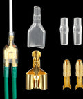 50 Pack Double Spade Wire Connectors For Motorcycle Wiring, 2 To 1 Splice, 4mm Bullet Crimp Terminals in gold with transparent sleeves