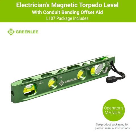 Electrician's magnetic torpedo level with conduit bending offset aid, four easy-read vials, for pro-grade pipe installation.