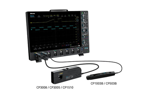 Top Shelf High Frequency AC DC Current Probe Packing 8MHz Bandwidth And 300 Amp RMS Plus 500 Amp Peak Range With Straight Up Percent Accuracy And Crisp Ten Milliamp Resolution For Zero Hassle Scope Testing connected to an oscilloscope.