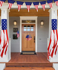 Patriotic 2 Pack 40 Inch American Flag Windsocks With Lights hanging on porch for Fourth of July decor, red white blue design.