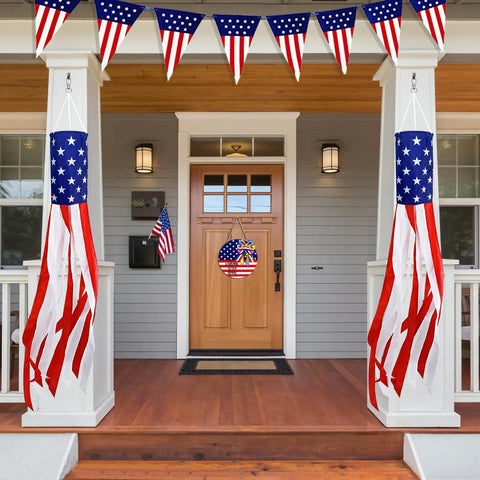 Patriotic 2 Pack 40 Inch American Flag Windsocks With Lights hanging on porch for Fourth of July decor, red white blue design.