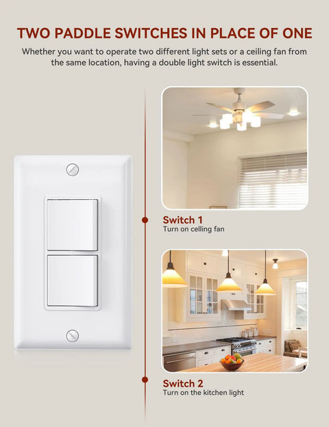 Plug And Play Double Paddle Rocker Light Switch For Two Fixtures Single Pole Decorator Style 15 Amp Self Grounding Electrical Switch Residential Grade UL Listed Glossy White Face Easy Install Reliable Power Control on white wall plate
