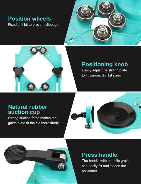 Instruction guide for Diamond Hole Saw Set With 7 Pcs Drill Bits And Guide Jig, 26mm To 80mm, detailing position wheels, knob, suction cup.