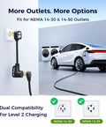 Badass Level 2 Tesla Charger With Nacs Link, 24 Amp Adjustable Power, 25 Foot Rugged Cable, Nema 14-30 And 14-50 Plugs charging an electric vehicle.