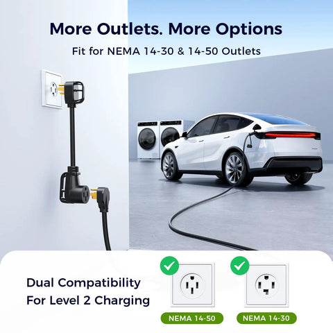 Badass Level 2 Tesla Charger With Nacs Link, 24 Amp Adjustable Power, 25 Foot Rugged Cable, Nema 14-30 And 14-50 Plugs charging an electric vehicle.