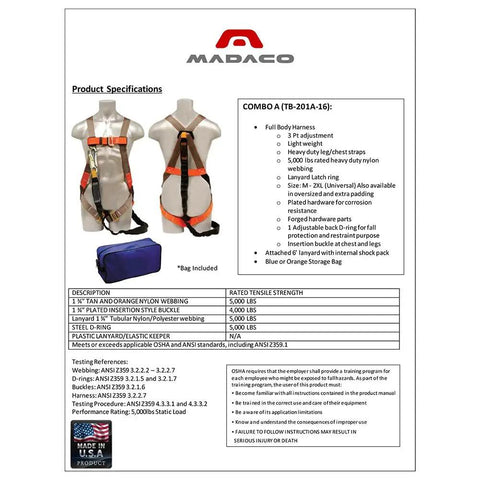 Fall Protection Full Body Harness Kit With 6 Ft Lanyard And Internal Shock Absorber For Industrial Roof Construction specifications