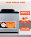 Heavy Duty Chamber Vacuum Sealer Boasts A Snappy 260 Watt Motor with transparent lid and LED screen for easy operation.