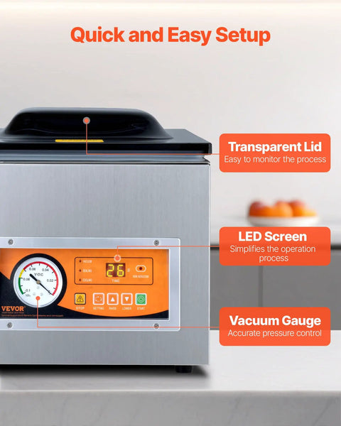 Heavy Duty Chamber Vacuum Sealer Boasts A Snappy 260 Watt Motor with transparent lid and LED screen for easy operation.