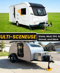 Built Tough Wheel Dock With Rope For Trailer Tongue Jack And Heavy Duty Wheel Dock For Single 6 Inch Or 8 Inch And Dual 6 Inch Casters shown supporting RV and camper on various terrains.