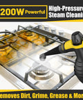 Pressurized Handheld Steam Cleaner With 10 Accessories And Safety Lock cleaning a greasy stove surface with steam