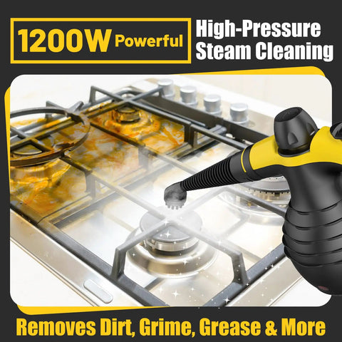 Pressurized Handheld Steam Cleaner With 10 Accessories And Safety Lock cleaning a greasy stove surface with steam
