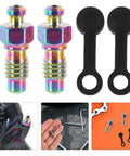 Badass Titanium Alloy Brake Bleeder Screw Set With Dust Caps For Motorcycles, featuring colorful screws and black caps.