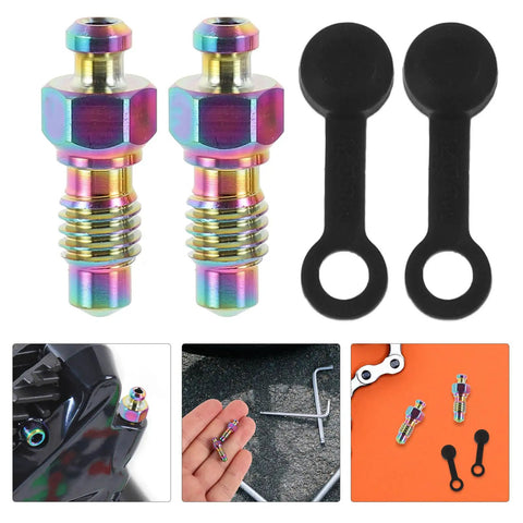 Badass Titanium Alloy Brake Bleeder Screw Set With Dust Caps For Motorcycles, featuring colorful screws and black caps.