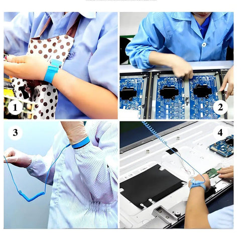 Technician using ESD Safe Go-To Wrist Strap For PC And Electronics Repair With Adjustable Wristband And Alligator Clip