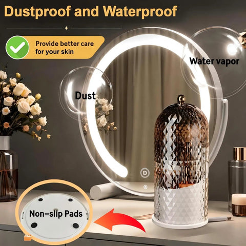 Rotating Makeup Brush Holder With Lid Diamond Pattern Storage Box on vanity, reflecting mirror, dustproof and waterproof features