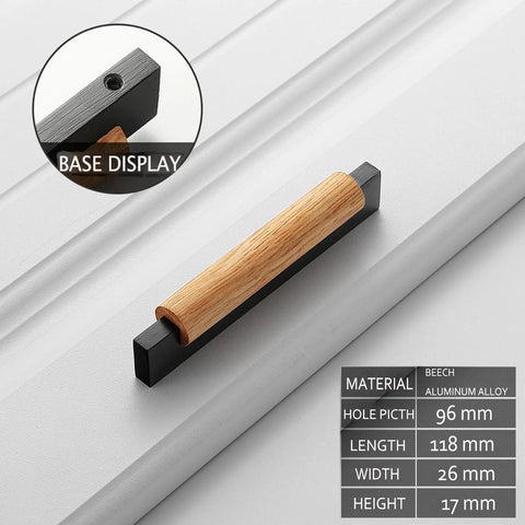 Eight Pack Black Wood T Bar Drawer Pulls for Cabinets Wardrobe Kitchen Dresser Hardware shown on white surface with size details.