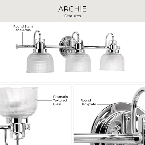 Archie Collection 3 Light Clear Double Prismatic Glass Coastal Bath Vanity Light In Polished Chrome Finish For That Soft Vintage Coastal Glow And Chill Vibe Great For Powder Rooms And Baths, Easy Install, Dimmable, And Compatible With Most Switches.