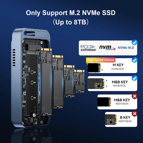 Ridiculously Fast M.2 NVMe SSD Enclosure With Built In Quiet Cooling Fan Crushes Big Files At Eighty Gbps For Seamless Gaming And 8K Video Edits Sleek Aluminum Body Plays Nice With Thunderbolt And USB showing internal slots for M.2 NVMe SSDs.