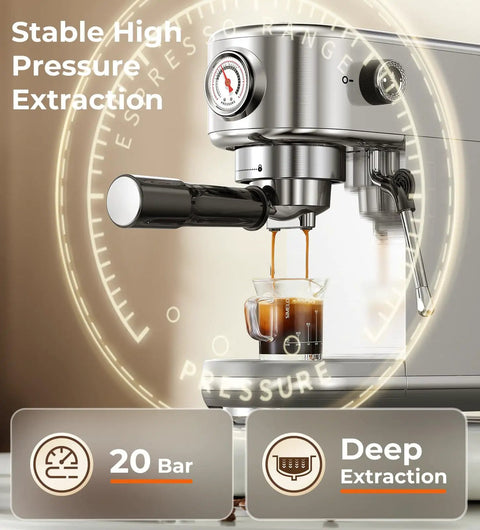 Espresso Machine With Milk Frother, 20 Bar Pressure, 44 Ounces Removable Water Tank, compact stainless steel in use at home
