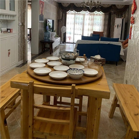 Heavy Duty 30 Inch Lazy Susan Turntable Built Different With Premium Solid Teak Wood Spins Smooth For Effortless 360 Service Making Family Dinners Total Snap Tonight on a dining table with plates.