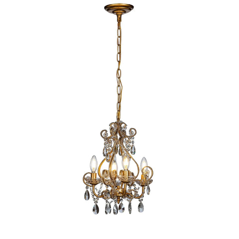 Four Light Crystal Chandelier in Antique Gold 14 Inch Diameter Dining Room Pendant Swag Light With Teardrop Beads Vintage Gothic Style