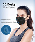 Woman wearing Kids KN95 Masks For Children Pack Of 30 Breathable 5 Layer Protection Black Face Masks With Adjustable Earloops