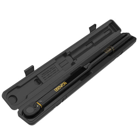 Half-Inch Drive Click Torque Wrench With 25-250 Ft-Lb Range And 33.9-338.9 Nm in storage case, pre-calibrated for accuracy