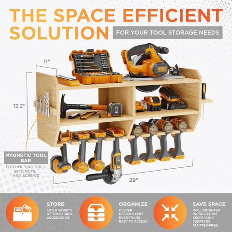 Power Tool Organizer Wall Mount With Magnetic Holder And Slots For Cordless Drill Storage In Woodshop Large Capacity Garage Rack To Hold Drills Tools And More