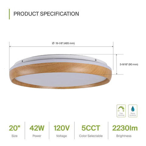 20 Inch LED Flush Mount Ceiling Light Fixture Low Profile Modern Design With Faux Wood Shade 42W 2098LM Dimmable 2700K To 5000K Adjustable CCT ETL Listed For Kitchen And Bedroom product dimensions and specifications