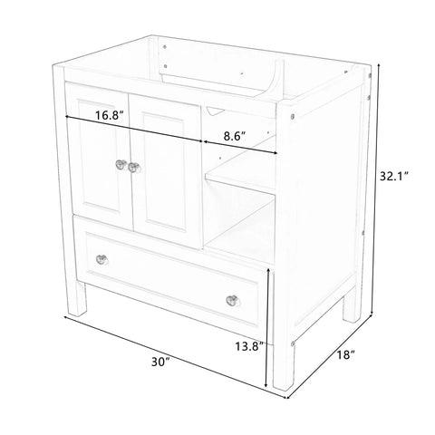 Diagram of Bathroom Vanity Base Cabinet Featuring Solid Wood Frame And Painted Finish, Large Drawer Storage Organizer, dimensions labeled.