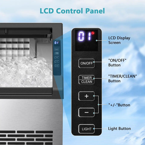 LCD control panel of Commercial Ice Maker Machine 80 Lbs Per Day Freestanding 24 Lb Storage Stainless Steel Auto Self Cleaning Ice Maker