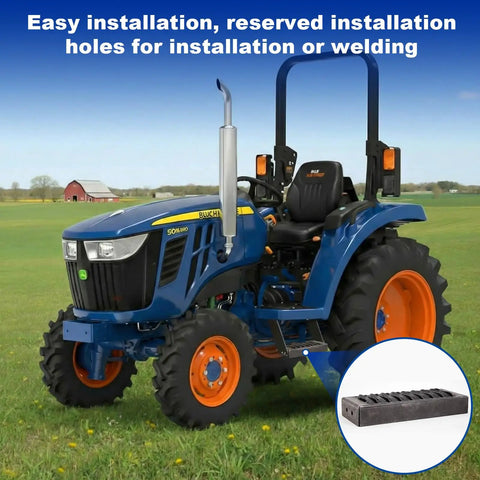 Beefy Tire Mounted Tractor Step With Non Slip Grip For Farm Rig, Trailer And Pickup Work Truck, Heavy Duty Steel Platform 12 X 4.75 Inch shown with blue tractor in field
