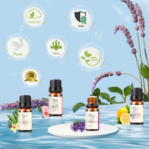 Essential oil bottles with plants and bubbles, showcasing lavender, rose, vanilla, and lemon scents against a blue background.