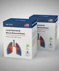 Packaging of Mucus Clearing Lung Exerciser With Flutter Valve And Expiratory Trainer showing lung diagram and product benefits.