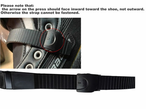 Close-up of black PVC 2 Pack Inline Skate Buckle Replacements With Energy Straps attached to a skate shoe, arrow direction shown.