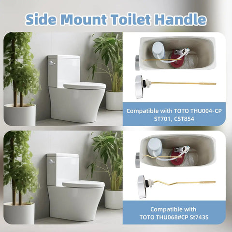 Toilet Flush Handle Replacement Chrome With Side Mount Lever Compatible With TOTOTHU004CP Trip Lever For ST701 CST854 CST884 Heavy Duty Brass And Zinc Alloy Construction, showcasing installation and compatibility examples.