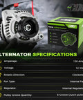 11150 Beefed Up High Output Alternator Replacement OEM Style for 3.5L V6 and 3.7L V6 SUVs and Sedans with specifications box