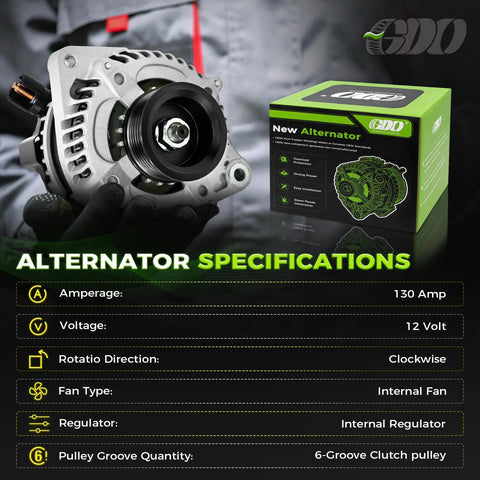11150 Beefed Up High Output Alternator Replacement OEM Style for 3.5L V6 and 3.7L V6 SUVs and Sedans with specifications box