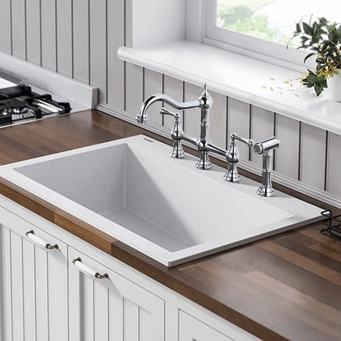 4 Hole Kitchen Faucet With Sprayer, 8 Inch Centerset Brass Bridge Kitchen Faucet With Two Handles And Side Sprayer, Chrome Finish