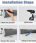 Installation steps for Wall Mounted Garden Tool Organizer with 11-inch hooks, showing marking, drilling, inserting screws, and hook attachment.