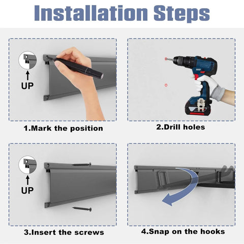 Installation steps for Wall Mounted Garden Tool Organizer with 11-inch hooks, showing marking, drilling, inserting screws, and hook attachment.