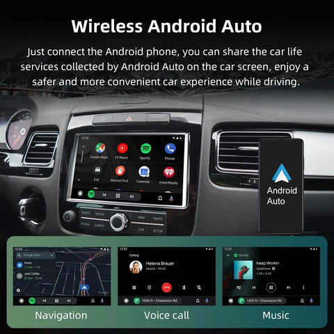 VW Touareg Wireless CarPlay Android Auto Adapter Upgrade Kit With 2.4G 5.8G WiFi Bluetooth 5.0 MirrorLink Siri GPS CarPlay Retrofit For 2011 2012 2013 2014 2015 2016 2017 displayed on car dashboard showing Android Auto interface for navigation, calls, and music.