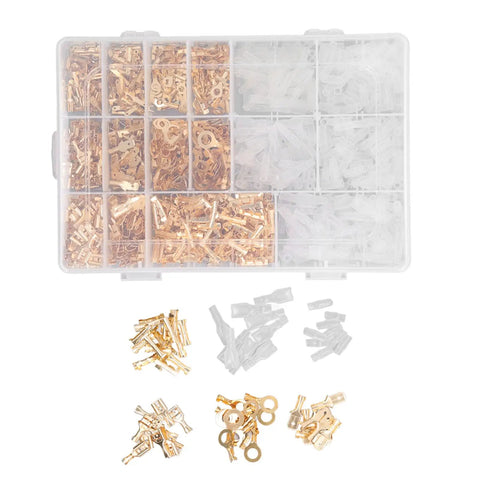 Slick Setup Pro Grade Killer Spade Connector Kit With 1000 Gold Plated Copper Male Female Wire Crimp Terminals In 2 8Mm 4 8Mm And 6 3Mm, organized in a plastic box.