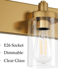 Close-up of Slick Gold Vanity Light With 3 Lights For Bathroom Over Mirror Modern Wall Sconce With Clear Glass Shades Durable Aluminum