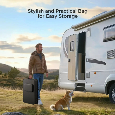 Man holding portable solar panel bag next to RV, showcasing the 200W Portable Solar Panel With Tempered Glass Heavy Duty Foldable Mono Solar Charger For Off Grid Power On The Go IP67 Waterproof Ready For RV Camping And Reliable Backup Power For Jackery EcoFlow Bluetti in practical storage.